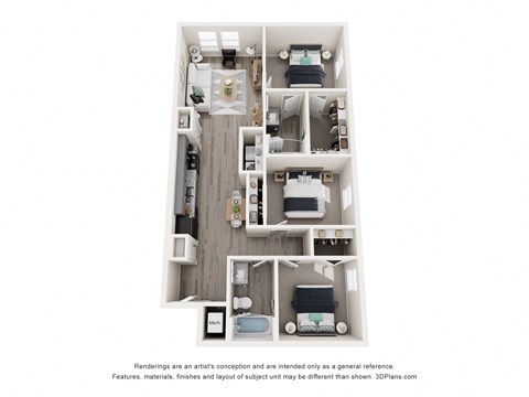 Floor plan for 3 beds, 2 baths, 1075 sqft
